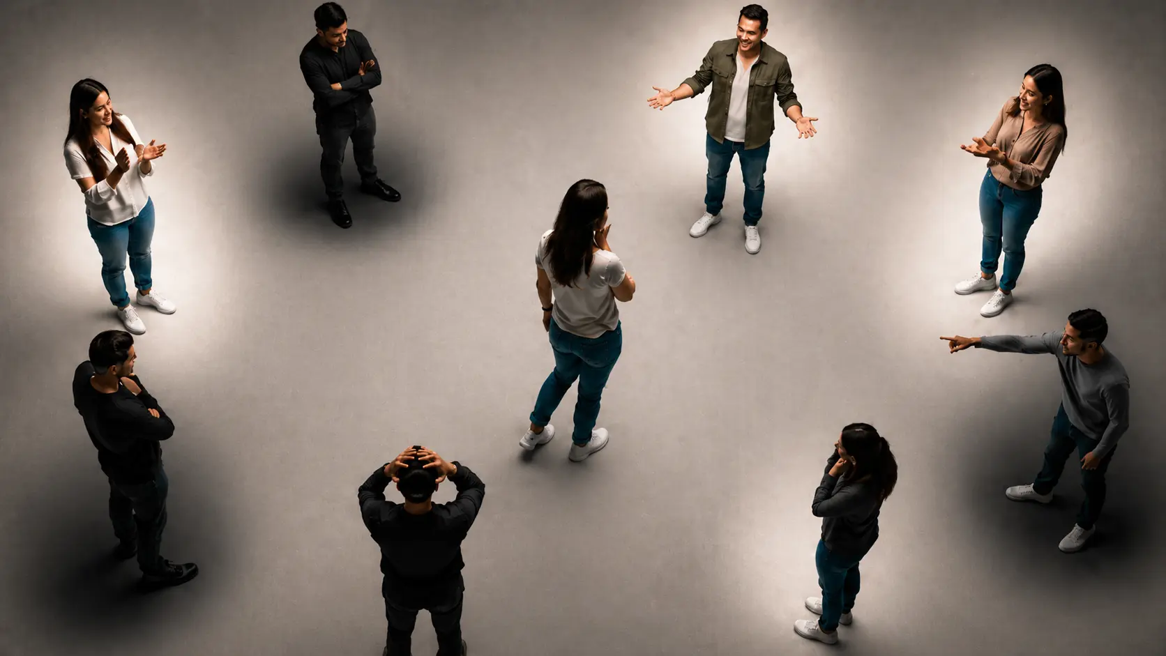 Gruppo di persone intorno a una donna, con atteggiamenti diversi