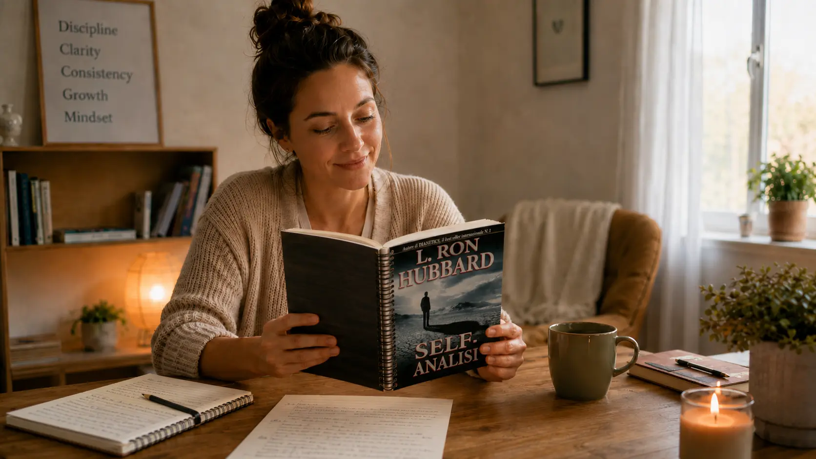 Donna che legge il libro Self-Analisi seduta a un tavolo