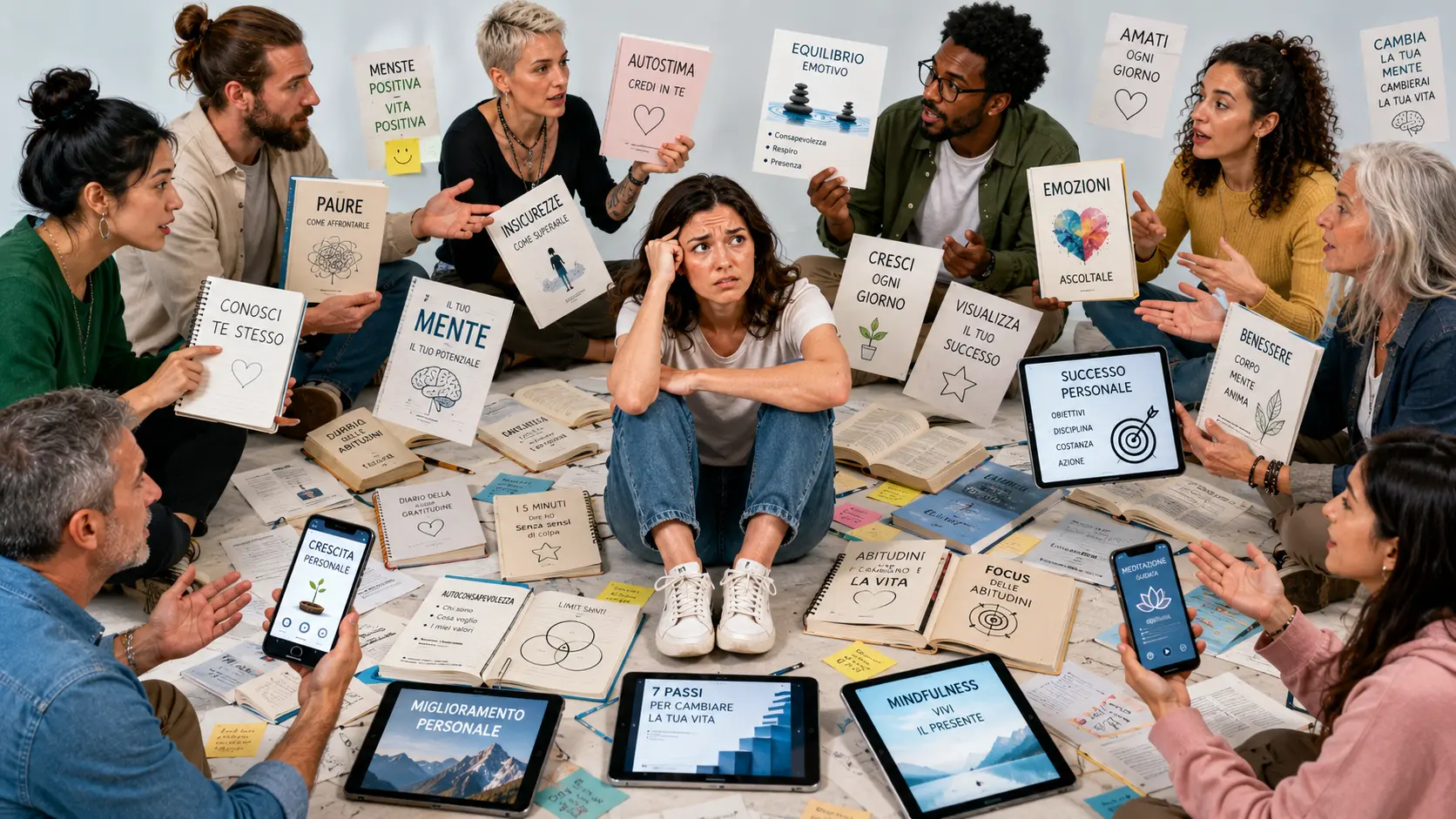 Donna circondata da persone, libri e consigli sulla crescita personale